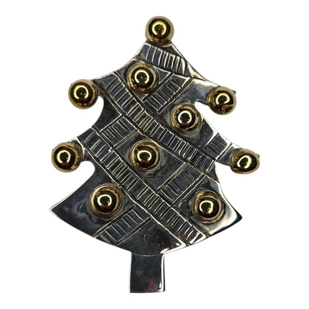 VIntage Christmas Tree Brooch 925 Sterling Silver Gold Tone Pin